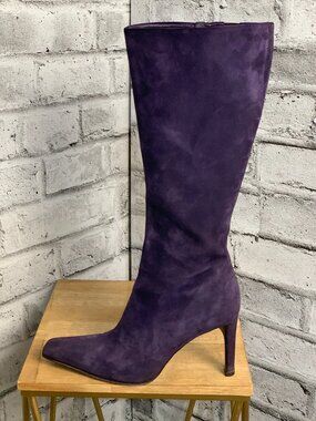 Donald Pliner Boot 8 Purple Suede Leather Pointy Toe Side Zip Stiletto Knee High